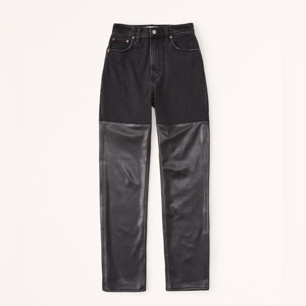 NWT Abercrombie Black Denim & Leather Straight Leg Jeans Size 26 2s